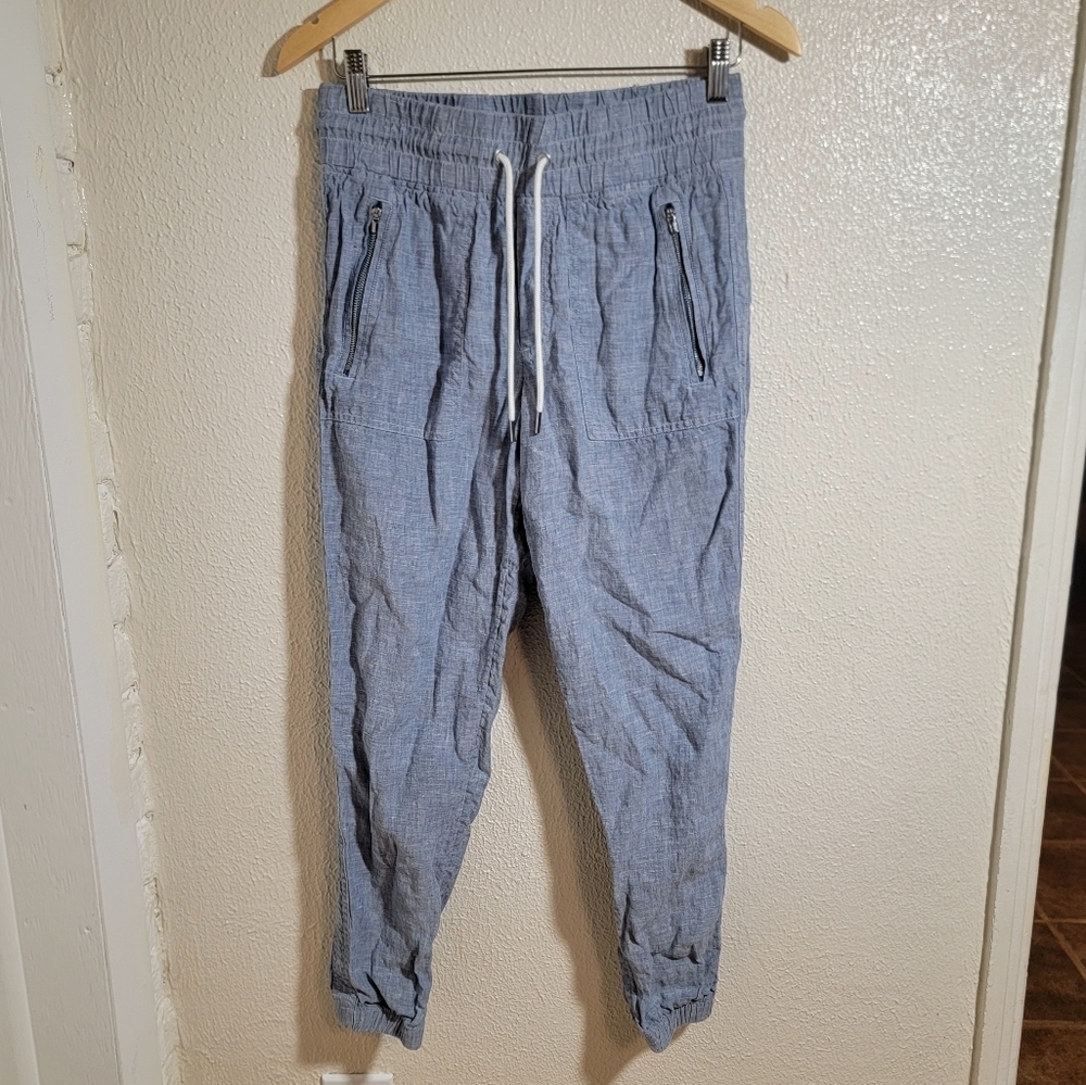 Athleta Cabo 100% Linen Joggers sz 4 Zip Pockets Chambray Blue Beach Minimalist